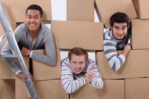 Three young men are inside a room surrounded by stacked cardboard boxes, which are likely used for house removals or moving purposes. The man on the left, with short dark hair and wearing a casual grey sweater, is smiling while leaning against a metallic ladder positioned to his left. In the centre, a man with light brown hair, dressed in a white and black striped long-sleeve shirt, is smiling broadly and giving a thumbs-up with both hands; he appears to be partly behind the boxes. The man on the right, with dark hair and wearing a blue, grey, and white striped sweater, is also smiling and resting his head and arms on top of some boxes. The boxes are of plain brown cardboard, some with visible flaps, and are arranged in multiple layers, filling the space and creating a busy, organized scene typical of a house moving preparation area. The environment suggests an indoor setting, possibly a storage room or hallway, with natural or soft lighting. The scene reflects the context of house removals or relocation services in the Surrey area, as provided by Surrey Man with Van.