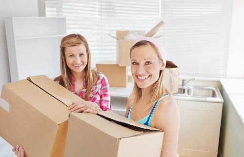 Two women with light skin and blonde hair are smiling and holding cardboard boxes during a house move inside a bright kitchen with large windows and white blinds. The woman on the left, wearing a pink and white checkered shirt, has her hands resting on a medium-sized corrugated cardboard box that is open at the top. The woman on the right, wearing a pink headband and a blue tank top, is also supporting a box and looking directly at the camera. The kitchen features a stainless steel sink set into a white countertop, behind which are a few open cardboard boxes filled with household items and packing materials. The scene suggests an organized interior environment in a residential property, possibly around Surreyman with Van's service area, with natural daylight illuminating the space, ready for a local house removal or relocation process managed by Surrey Man with Van.