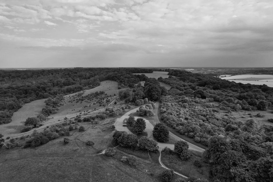 An aerial black-and-white photograph shows a sprawling rural landscape with gently rolling hills covered in dense woodland and open grassy areas, some with scattered trees and small shrubs. A winding 